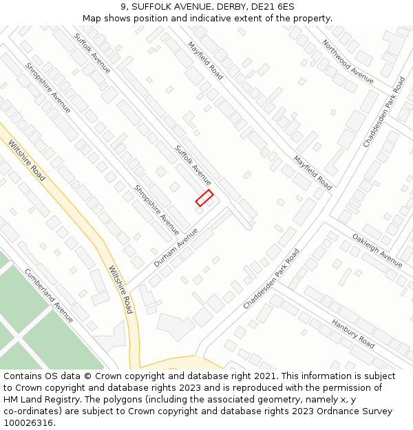 9, SUFFOLK AVENUE, DERBY, DE21 6ES: Location map and indicative extent of plot