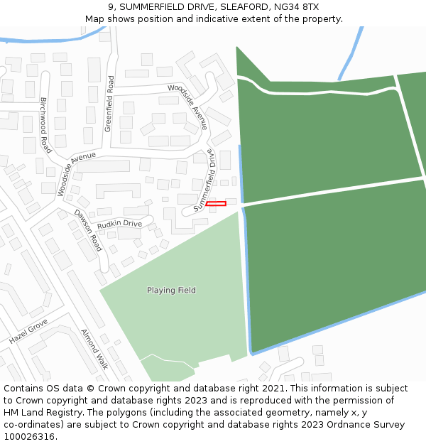 9, SUMMERFIELD DRIVE, SLEAFORD, NG34 8TX: Location map and indicative extent of plot