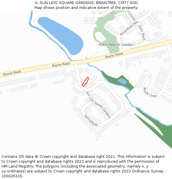 9, SUN LIDO SQUARE GARDENS, BRAINTREE, CM77 6GD: Location map and indicative extent of plot