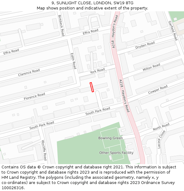 9, SUNLIGHT CLOSE, LONDON, SW19 8TG: Location map and indicative extent of plot