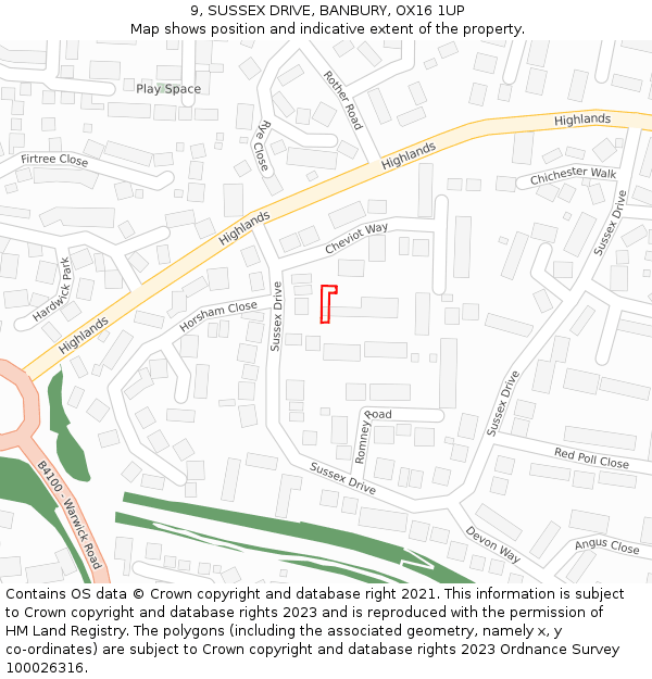 9, SUSSEX DRIVE, BANBURY, OX16 1UP: Location map and indicative extent of plot