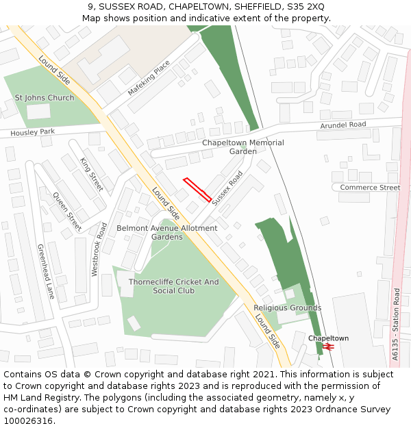 9, SUSSEX ROAD, CHAPELTOWN, SHEFFIELD, S35 2XQ: Location map and indicative extent of plot