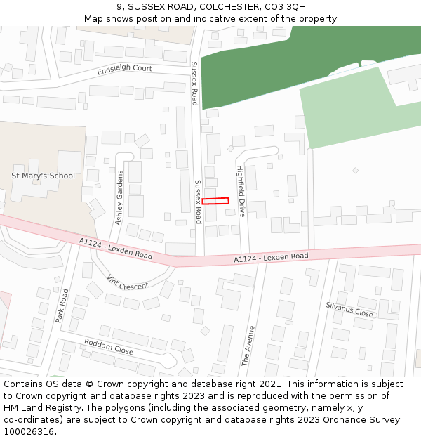 9, SUSSEX ROAD, COLCHESTER, CO3 3QH: Location map and indicative extent of plot
