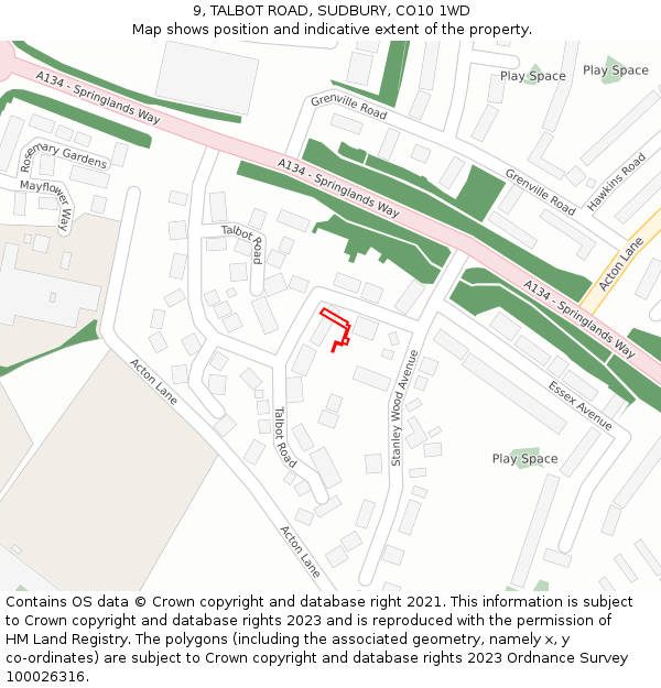 9, TALBOT ROAD, SUDBURY, CO10 1WD: Location map and indicative extent of plot