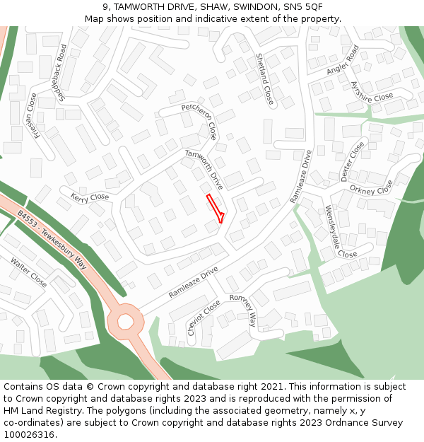 9, TAMWORTH DRIVE, SHAW, SWINDON, SN5 5QF: Location map and indicative extent of plot