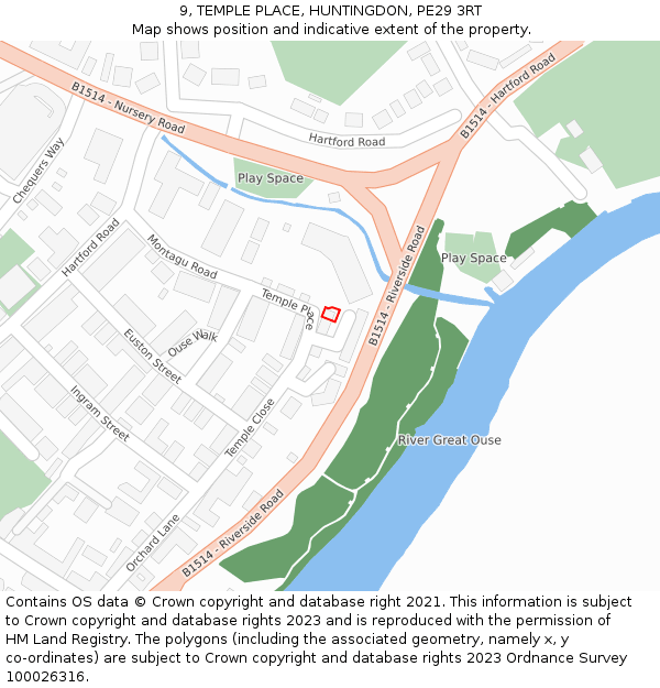 9, TEMPLE PLACE, HUNTINGDON, PE29 3RT: Location map and indicative extent of plot