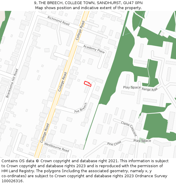 9, THE BREECH, COLLEGE TOWN, SANDHURST, GU47 0PN: Location map and indicative extent of plot