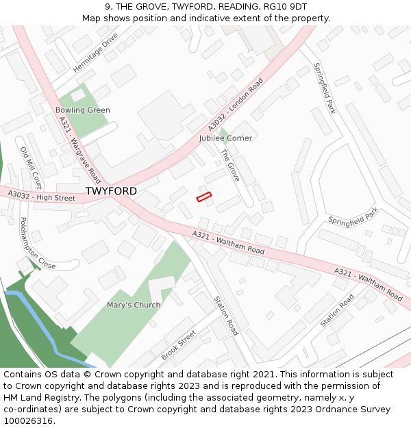 9, THE GROVE, TWYFORD, READING, RG10 9DT: Location map and indicative extent of plot