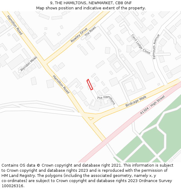 9, THE HAMILTONS, NEWMARKET, CB8 0NF: Location map and indicative extent of plot
