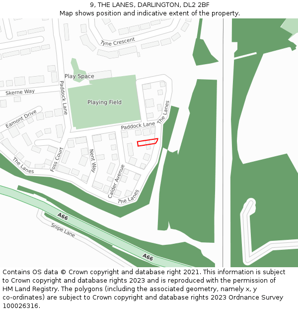 9, THE LANES, DARLINGTON, DL2 2BF: Location map and indicative extent of plot