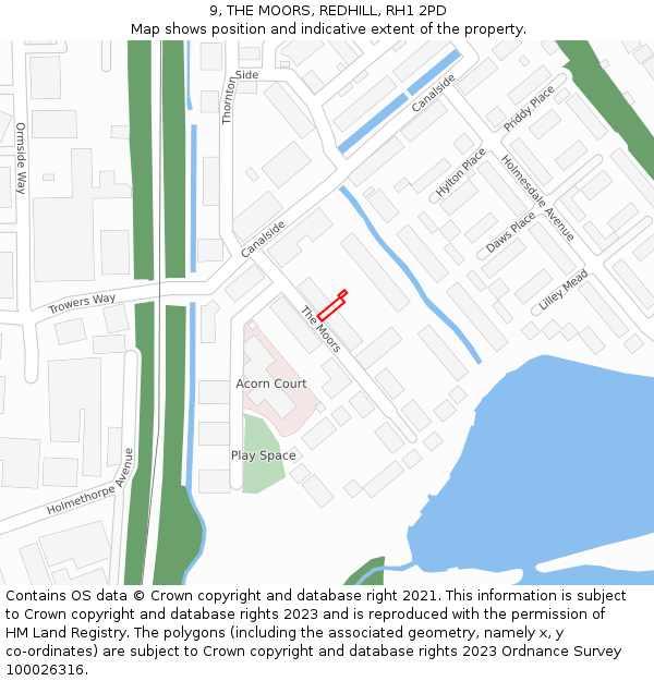 9, THE MOORS, REDHILL, RH1 2PD: Location map and indicative extent of plot