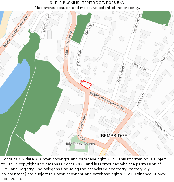 9, THE RUSKINS, BEMBRIDGE, PO35 5NY: Location map and indicative extent of plot