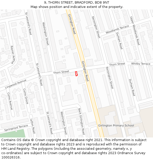 9, THORN STREET, BRADFORD, BD8 9NT: Location map and indicative extent of plot