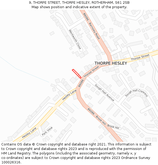 9, THORPE STREET, THORPE HESLEY, ROTHERHAM, S61 2SB: Location map and indicative extent of plot