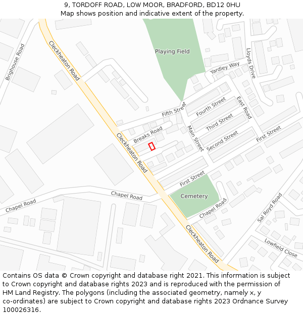 9, TORDOFF ROAD, LOW MOOR, BRADFORD, BD12 0HU: Location map and indicative extent of plot