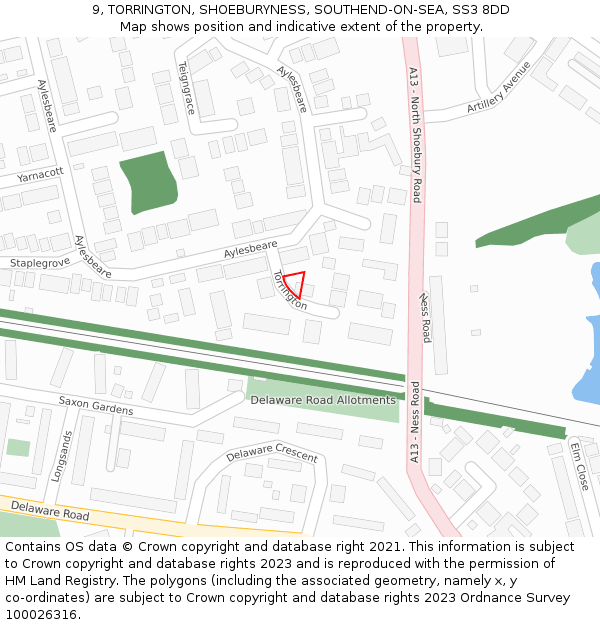 9, TORRINGTON, SHOEBURYNESS, SOUTHEND-ON-SEA, SS3 8DD: Location map and indicative extent of plot