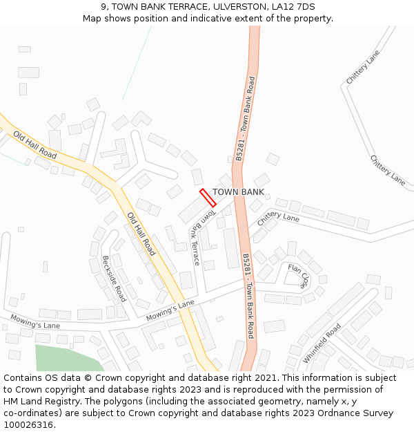 9, TOWN BANK TERRACE, ULVERSTON, LA12 7DS: Location map and indicative extent of plot