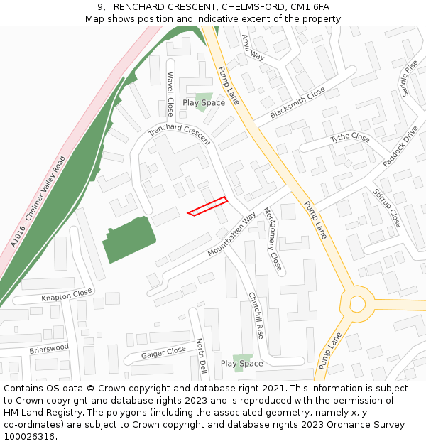 9, TRENCHARD CRESCENT, CHELMSFORD, CM1 6FA: Location map and indicative extent of plot