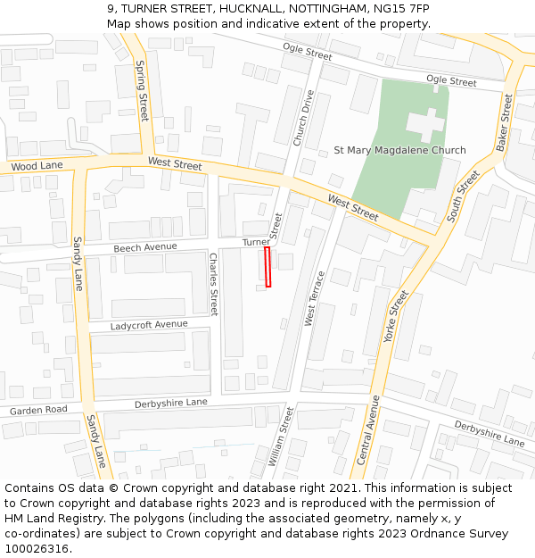 9, TURNER STREET, HUCKNALL, NOTTINGHAM, NG15 7FP: Location map and indicative extent of plot