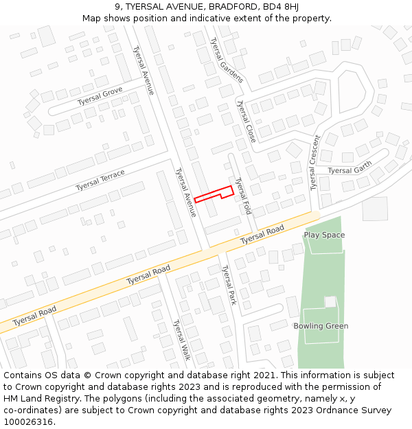9, TYERSAL AVENUE, BRADFORD, BD4 8HJ: Location map and indicative extent of plot