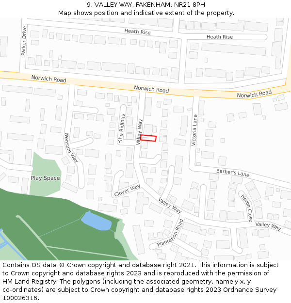 9, VALLEY WAY, FAKENHAM, NR21 8PH: Location map and indicative extent of plot