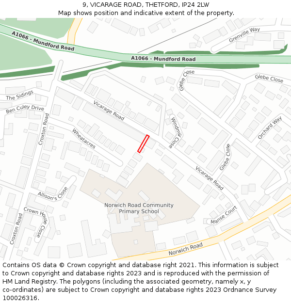 9, VICARAGE ROAD, THETFORD, IP24 2LW: Location map and indicative extent of plot