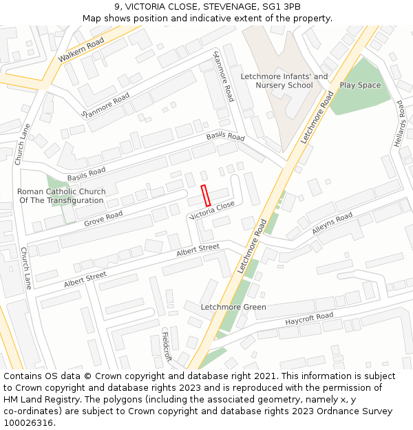 9, VICTORIA CLOSE, STEVENAGE, SG1 3PB: Location map and indicative extent of plot