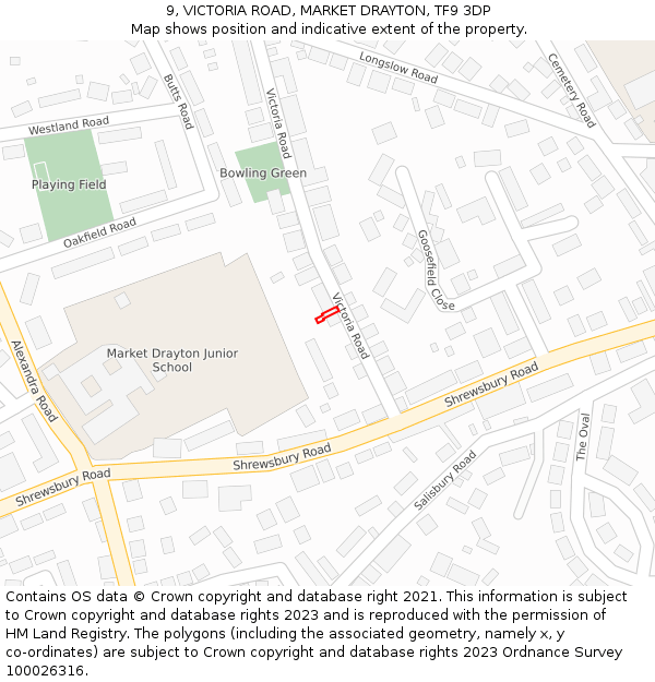 9, VICTORIA ROAD, MARKET DRAYTON, TF9 3DP: Location map and indicative extent of plot