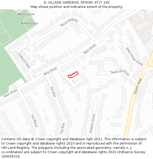 9, VILLAGE GARDENS, EPSOM, KT17 1XX: Location map and indicative extent of plot