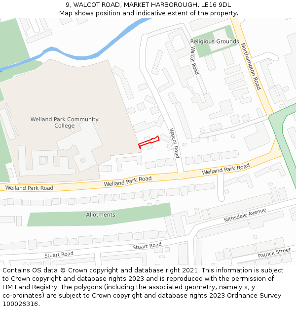 9, WALCOT ROAD, MARKET HARBOROUGH, LE16 9DL: Location map and indicative extent of plot