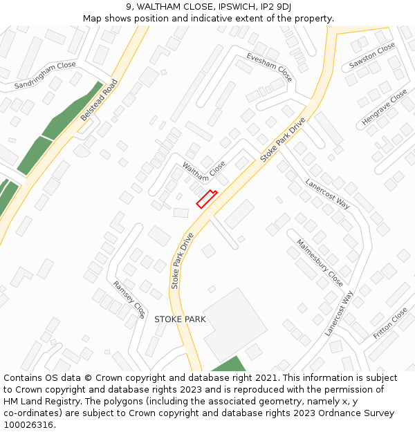 9, WALTHAM CLOSE, IPSWICH, IP2 9DJ: Location map and indicative extent of plot