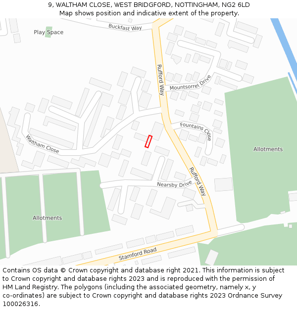 9, WALTHAM CLOSE, WEST BRIDGFORD, NOTTINGHAM, NG2 6LD: Location map and indicative extent of plot
