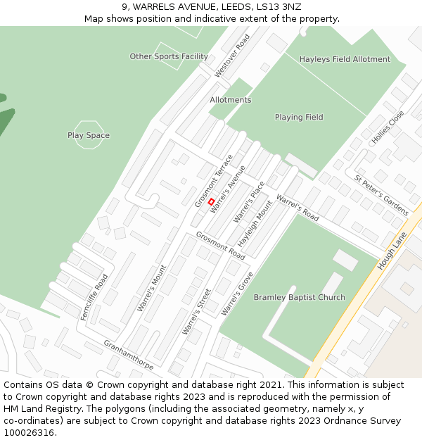 9, WARRELS AVENUE, LEEDS, LS13 3NZ: Location map and indicative extent of plot