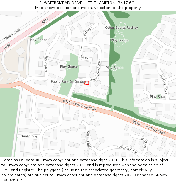 9, WATERSMEAD DRIVE, LITTLEHAMPTON, BN17 6GH: Location map and indicative extent of plot