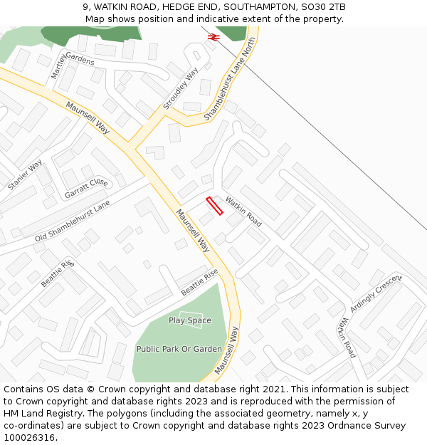 9, WATKIN ROAD, HEDGE END, SOUTHAMPTON, SO30 2TB: Location map and indicative extent of plot