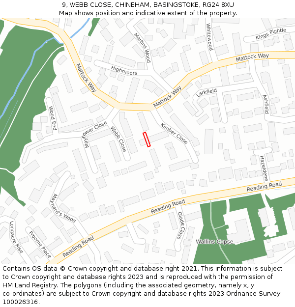 9, WEBB CLOSE, CHINEHAM, BASINGSTOKE, RG24 8XU: Location map and indicative extent of plot
