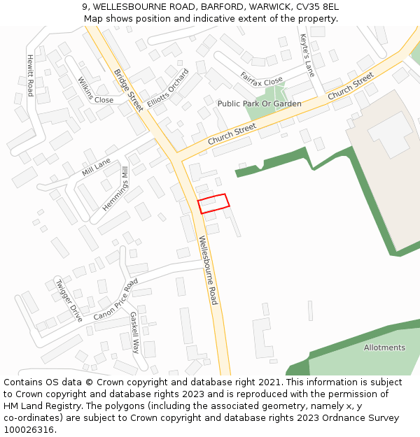 9, WELLESBOURNE ROAD, BARFORD, WARWICK, CV35 8EL: Location map and indicative extent of plot