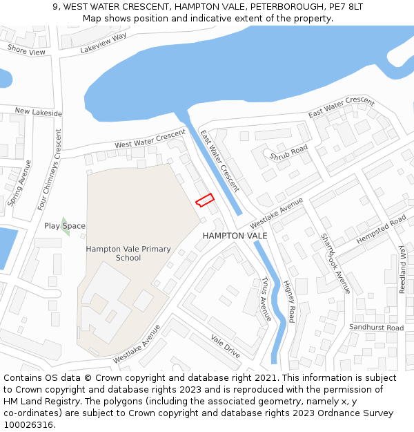 9, WEST WATER CRESCENT, HAMPTON VALE, PETERBOROUGH, PE7 8LT: Location map and indicative extent of plot