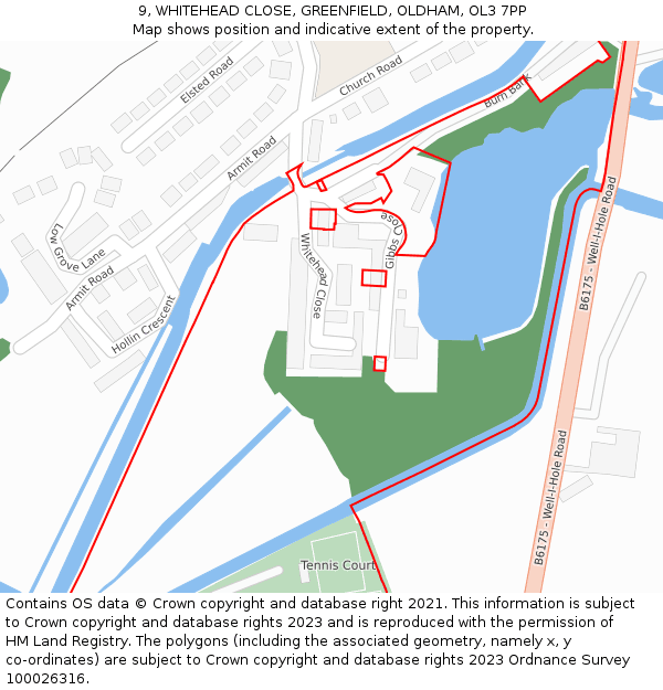 9, WHITEHEAD CLOSE, GREENFIELD, OLDHAM, OL3 7PP: Location map and indicative extent of plot