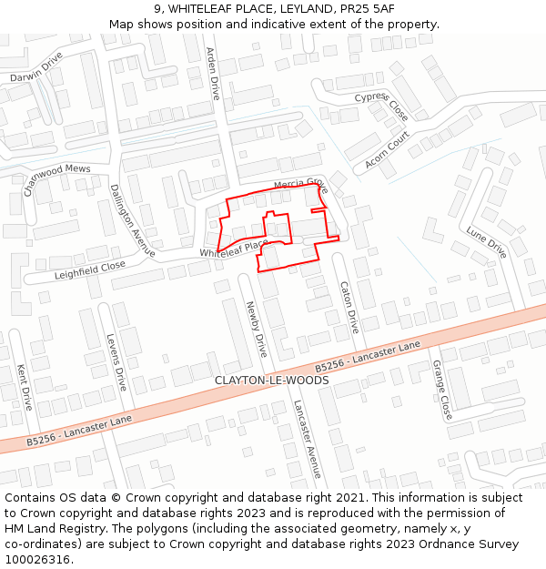 9, WHITELEAF PLACE, LEYLAND, PR25 5AF: Location map and indicative extent of plot