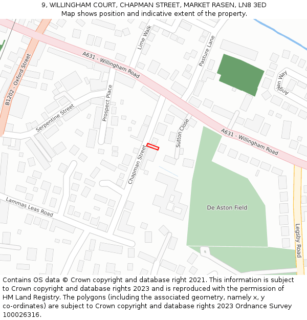 9, WILLINGHAM COURT, CHAPMAN STREET, MARKET RASEN, LN8 3ED: Location map and indicative extent of plot