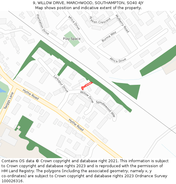 9, WILLOW DRIVE, MARCHWOOD, SOUTHAMPTON, SO40 4JY: Location map and indicative extent of plot