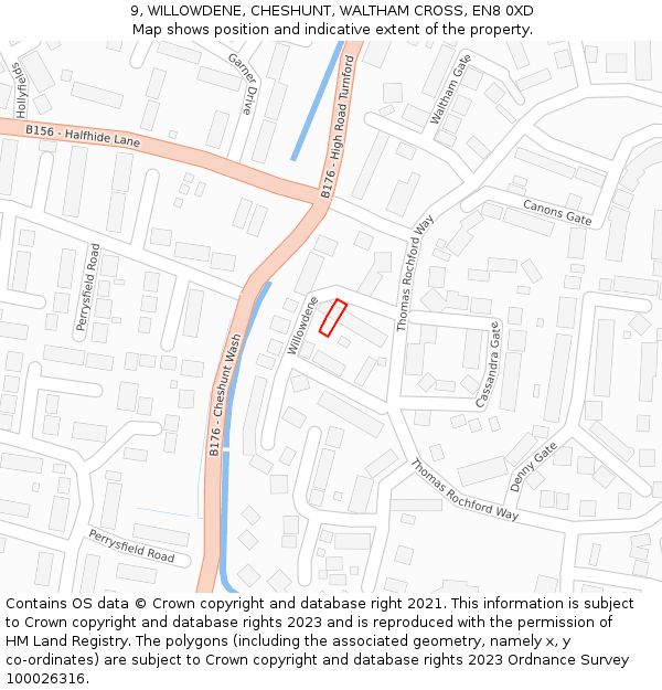 9, WILLOWDENE, CHESHUNT, WALTHAM CROSS, EN8 0XD: Location map and indicative extent of plot