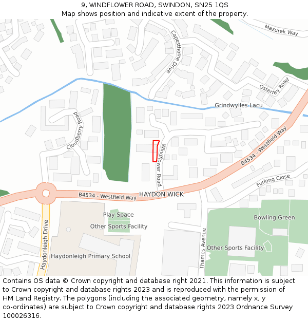 9, WINDFLOWER ROAD, SWINDON, SN25 1QS: Location map and indicative extent of plot
