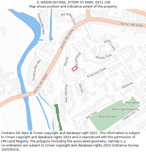 9, WINDRUSH RISE, OTTERY ST MARY, EX11 1YB: Location map and indicative extent of plot