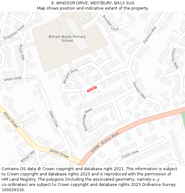 9, WINDSOR DRIVE, WESTBURY, BA13 3UG: Location map and indicative extent of plot