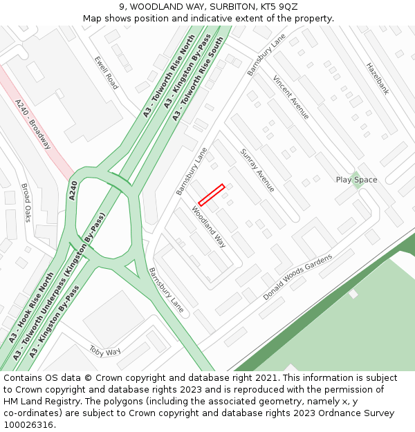 9, WOODLAND WAY, SURBITON, KT5 9QZ: Location map and indicative extent of plot