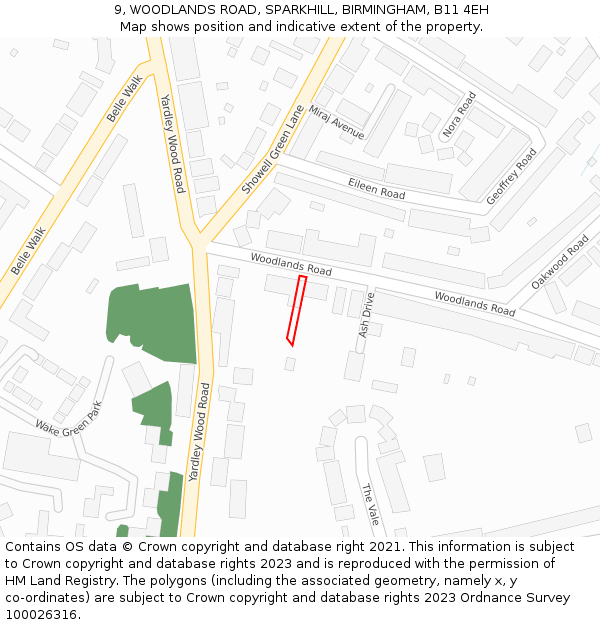 9, WOODLANDS ROAD, SPARKHILL, BIRMINGHAM, B11 4EH: Location map and indicative extent of plot
