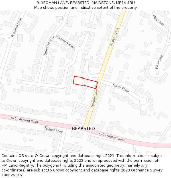 9, YEOMAN LANE, BEARSTED, MAIDSTONE, ME14 4BU: Location map and indicative extent of plot