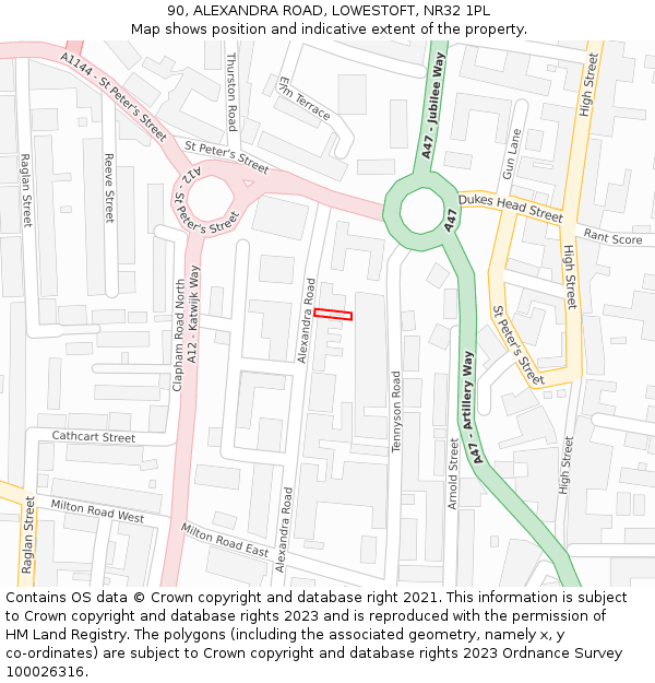 90, ALEXANDRA ROAD, LOWESTOFT, NR32 1PL: Location map and indicative extent of plot